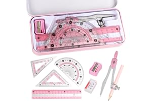 ARCJUNYS Compass Geometry Tool Protractor and Compass Set with Metal Box Drawing Compass with Rulers Math Compass Kit for Class Supplies and School 8 Piece
