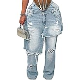 Quzzion Women's Ripped Jeans High Waisted Baggy Distressed Patchwork Denim Pants Loose Wide Leg Y2K Jeans with Pocket
