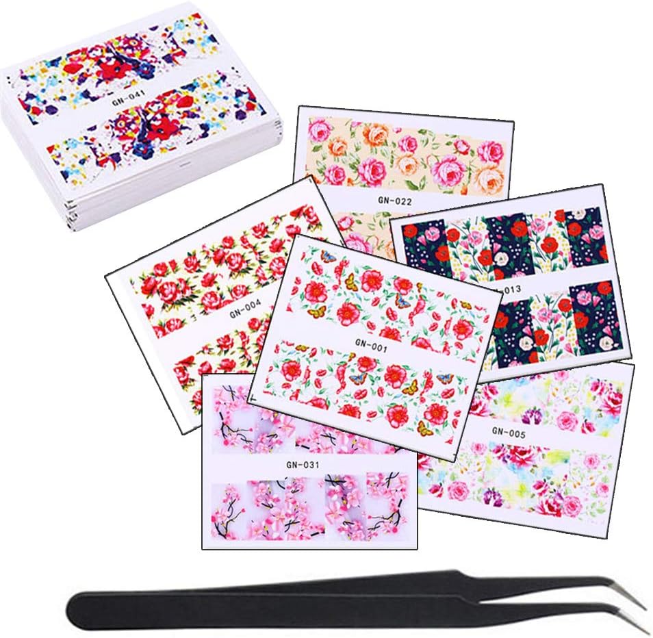 WOKOTO 48 Sheets Full Nail Water Transfer Stickers And Decals Flower Nail Decals For Women Girls With Nail Tweezers