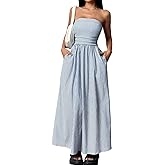SKAYS Womens Striped Strapless Tube Maxi Dress Sexy Back Smocked A Line Vacation Long Dresses with Pocket