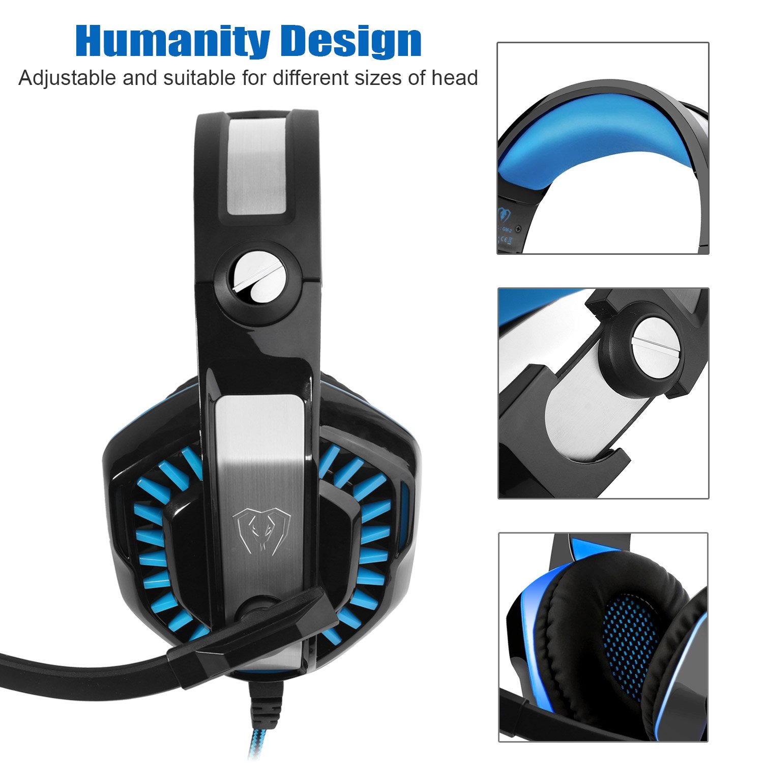 ARINO GM-2 Gaming Headset Over-Ear Kopfhörer mit LED Licht und Mikrofon für PS4 PC Xbox One Handy Spiele, Klangvolle Bässe Schwarz-Blau
