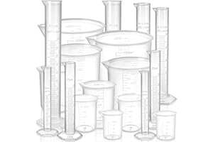 Bekith 18 Pack Plastic Clear Graduated Cylinders and Measuring Beakers Set, 10ml, 25ml, 50ml, 100ml Cylinders with 50ml, 100m