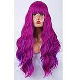 MAGQOO Hot Pink Purple Wig for Women Long Curly Wavy Rose Mix Purple Wig with Bangs Synthetic Heat Resistant Cosplay Costume Party Wig Wig Cap Included (Purple Pink)
