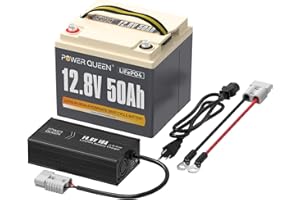 Power Queen 12.8V 50Ah LiFePO4 Battery with 14.6V 10A LiFePO4 Battery Charger, Built-in 50A BMS, 12V Lithium Deep Cycle Battery, 15000+ Cycles, Perfect for Kayak, RV, Trailer, Solar Application