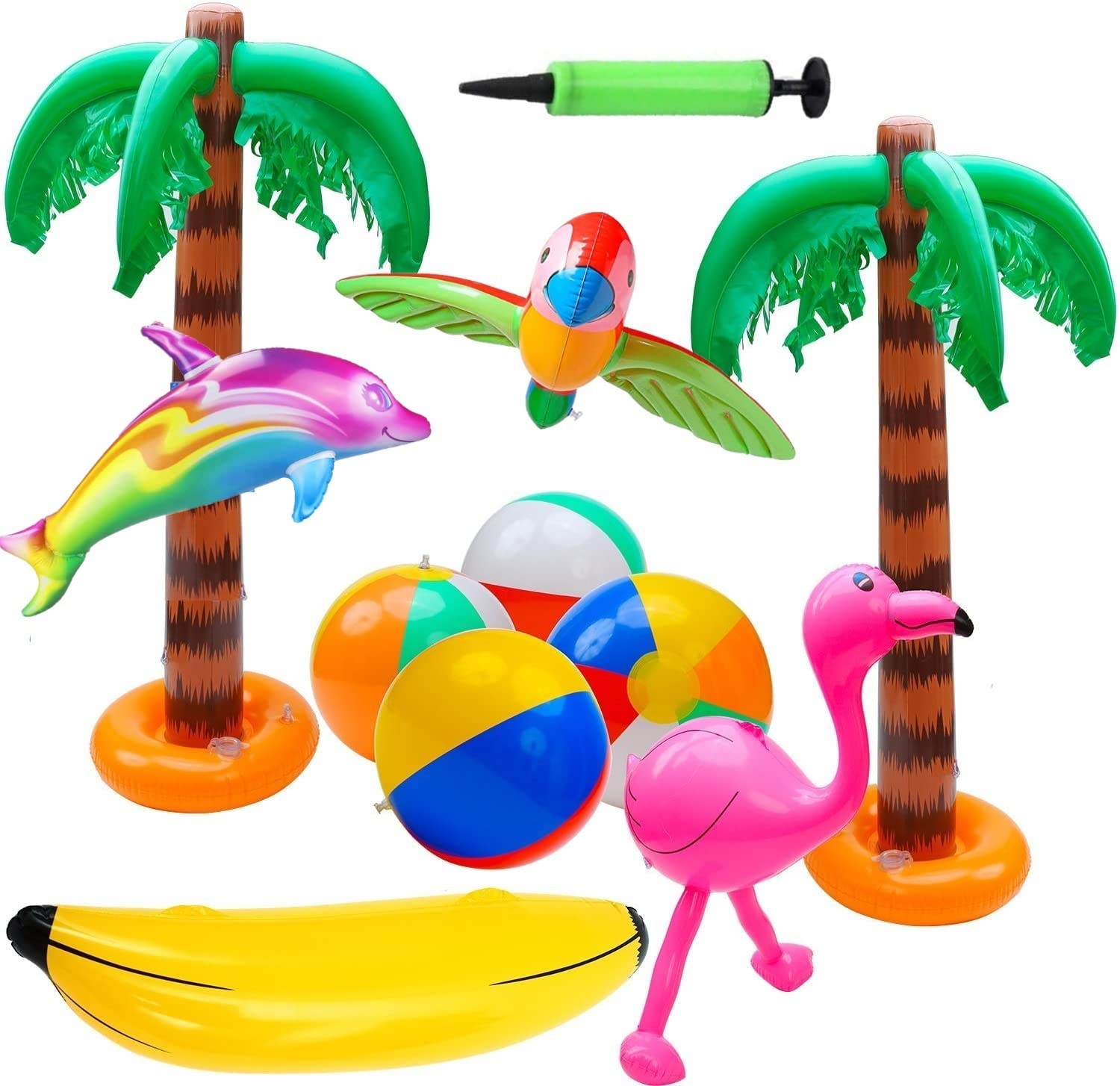 LATERN 11Pcs Inflatable Palm Tree Inflatable Flamingos Parrot Dolphin Banana Beach Balls Toys for Hawaii Party Decor Luau Party Backdrop - with Air Pump