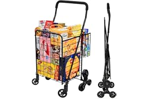 Kiffler Grocery Shopping Cart with 360° Rolling Swivel Wheels Stair Climber Utility Cart Easily Collapsible Cart with Tri-Wheels, 66lb Extended Foam Cover, Trolley for Stair, Laundry, Travel (Black)