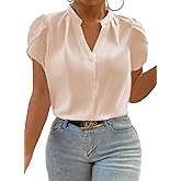 Eytino Women Plus Size Shirts Summer V Neck Petal Sleeve Business Work Dressy Blouse Tops(1X-5X)
