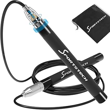 Sportstech Cuerda de Saltar Profesional RJX200 con Sistema de Bloqueo automático Cuerda Ajustable para niños y Adultos para Fitness, Crossfit, Boxeo, ...