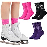 Glitopper 3 Pairs Glitter Rhinestone Figure Skating Socks Ice Skating Socks for Women Fashion Short Sock for Sports Dance