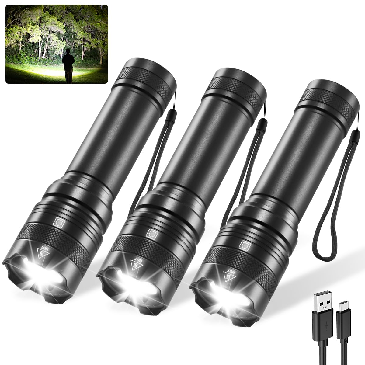 3Pack Rechargeable Flashlights, Tactical Flashlight