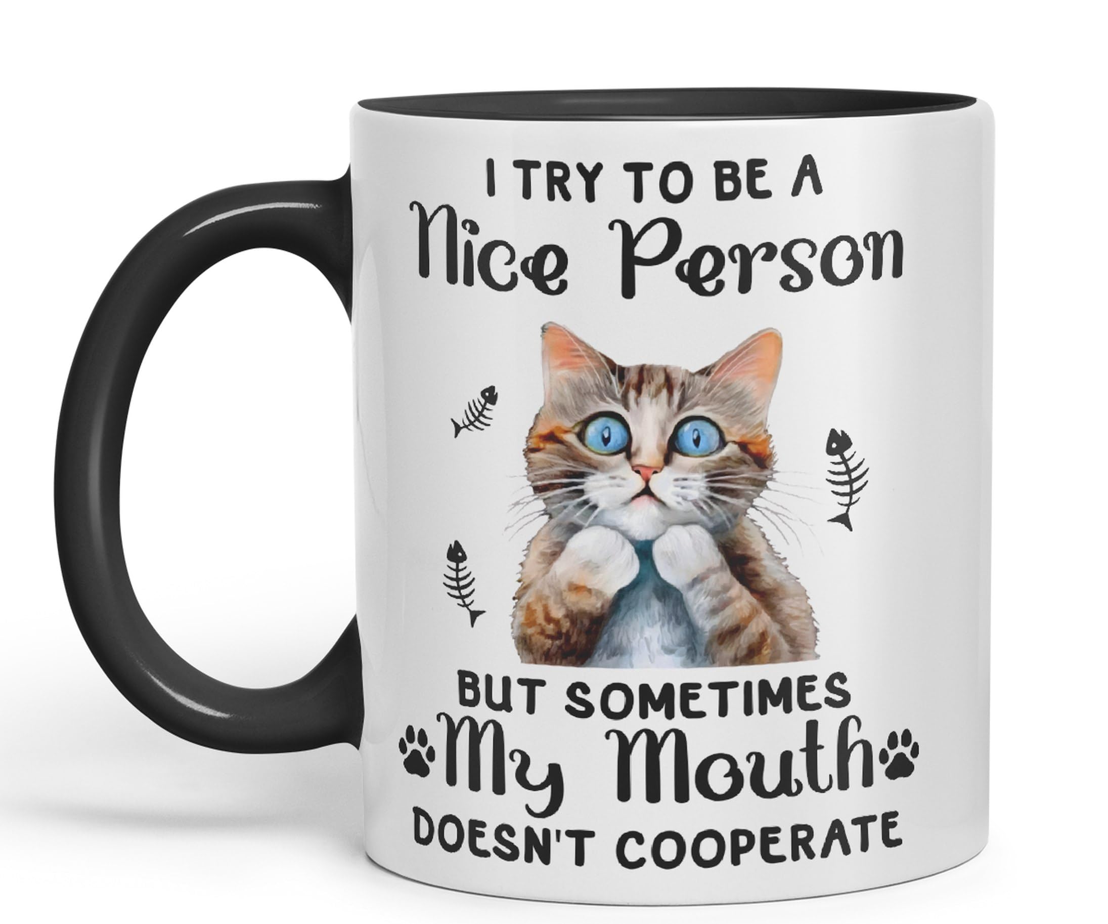 Vixar I Try to be a Nice Person but Sometimes My Mouth .. Cats Sarcastic Joke Ceramic Coloured Mug Cup for Tea Coffee Hot Brew 330ml 11Oz (Black)