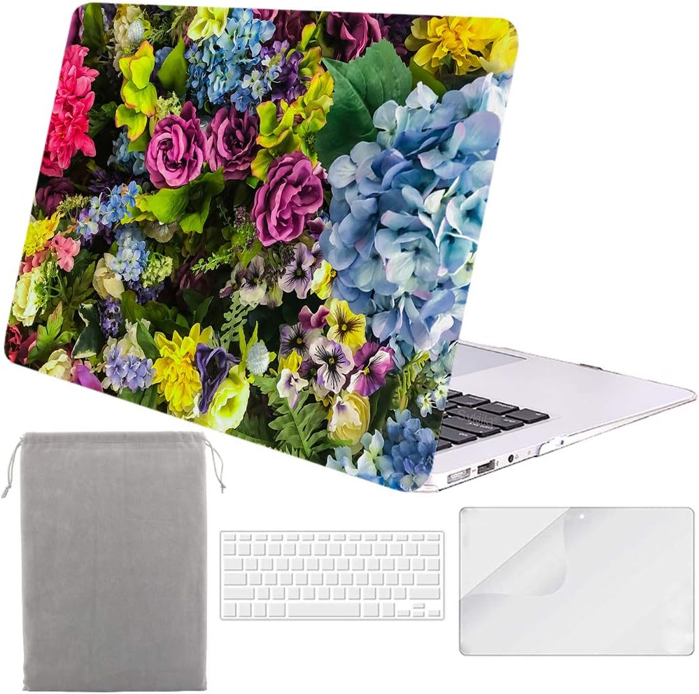Sykiila for MacBook Air 11 Inch Case Hard Cover 4 in 1 HD Screen Protector & TPU Keyboard Cover & Sleeve Protective Folio Case for Model A1370 / A1465 - Floral