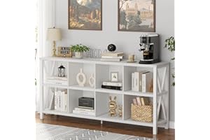 FATORRI 8 Cube Storage Organizer Bookshelf, Rustic Wood Cubby Bookcase, Industrial Horizontal Long Shelf for Living Room (White Oak, 62 Inch)