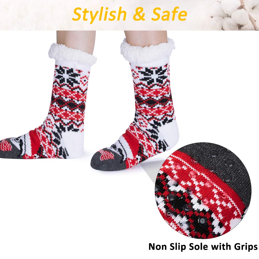 RAISEVERN Christmas Fuzzy Slipper Socks Soft Cozy Comfy Fluffy Lounge Socks With Grippers Pixilated Snowflakes Fat Sloth Childrens Warmth Hosiery Casual