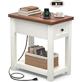 Farmhouse Narrow End Table with Charging Station for Couch, 13.8" Wide | Rear Power Outlets, 150 Lbs Load, Wood Drawer, Bottom Shelf, Slim for Small Spaces, Easy Assembly, White &amp; Brown