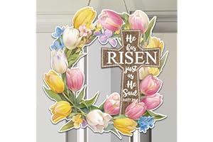He is Risen Easter Door Decorations, Religious Christian Easter Cross Wreaths for Front Door, Tulip Spring Door Hanger Sign 1