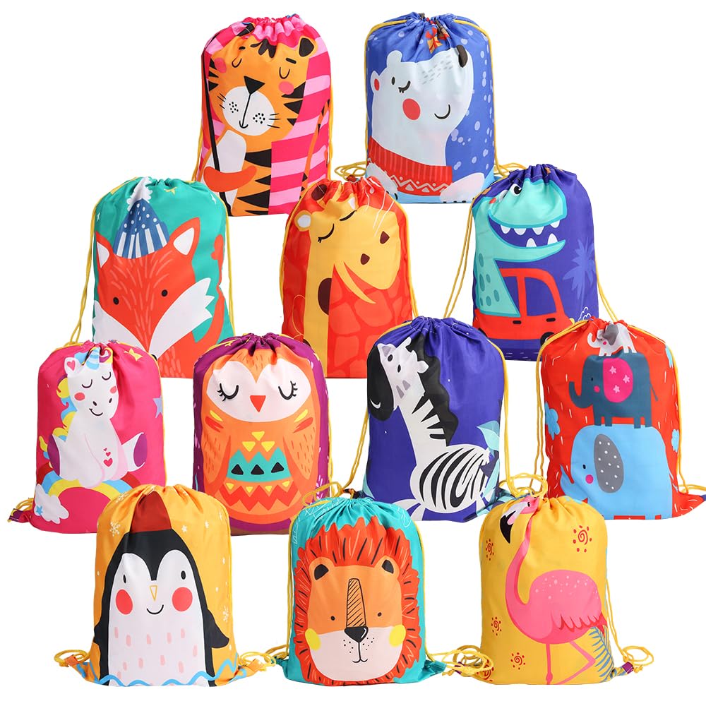 kramow Animals Kids Party Bags Reusable Drawstring Bags 12 PCS,Party Supplies Bags for Kids Girls Boys,Candy Goodie Bags Birthday