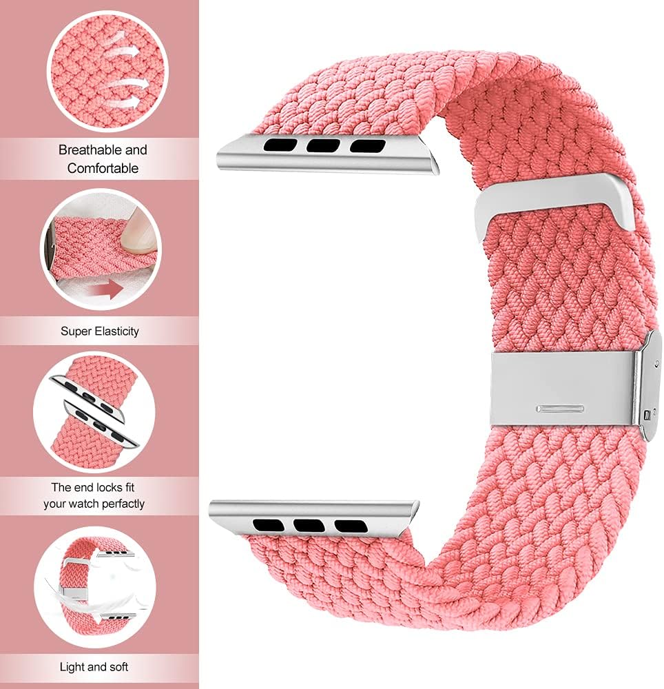 WZS Adjustable Extra Length Nylon Braided Solo Loop Watch Band Compatible with Apple Watch 38/40MM,Pink