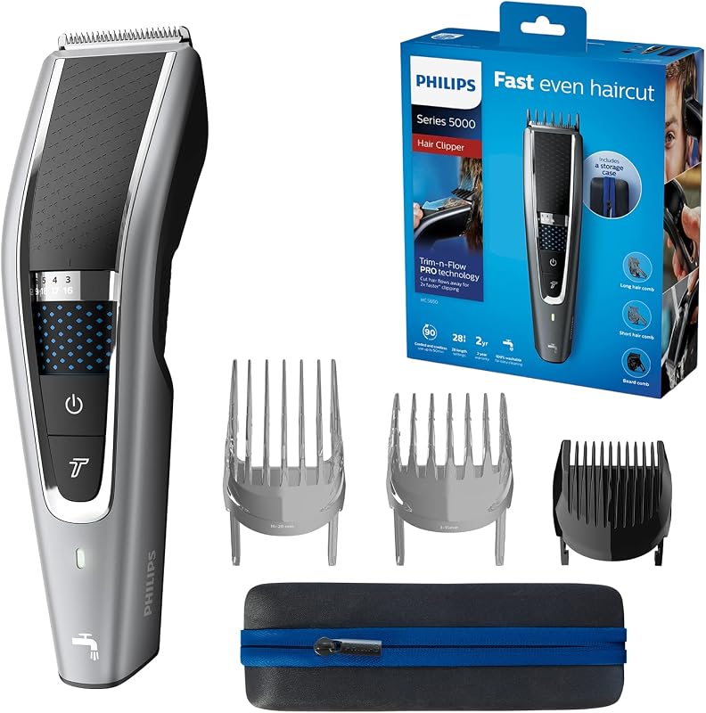Hair Clipper Series 5000, Haarschneider mit Trim-n-Flow-Pro-Technologie, 28 Längeneinstellungen, 90 Min Akkubetrieb mit 1 Std Ladezeit, Schneller, gleichmäßiger Haarschnitt (Modell HC5650/15)