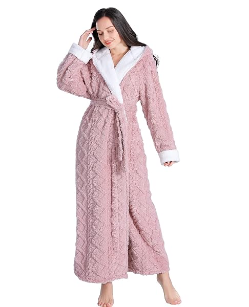 SKILYDIA LONG ROBES FOR WOMEN WITH HOOD,WOMENS PLUSH SOFT WARM ROBES/BATHROBES FOR WINTER (PINK, LARGE)…