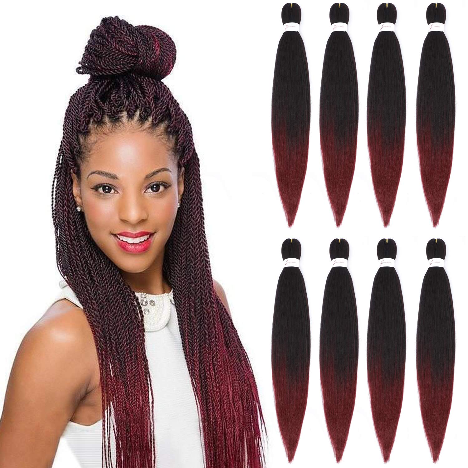 Originea 8 Packs Pre Stretched Braiding Hair 26 inch Yaki Texture EZ Braids Extensions Hair for Braiding Hot Water Setting Synthetic Hair Extensions (#T1B/Burg)