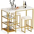 AWQM Dining Table Set for 2, Kitchen Island with Seating Bar Table Set with Storage, Faux Mable Kitchen Table and Chairs Set with 2 Stools for Small Space, Dining Room, Kitchen, Gold+White
