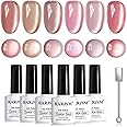 RARJSM Nude Glitter Cat Eye Gel Nail Polish Set 6Pcs Ceramics Pink Light Purple Brown Velvet Shimmer Smoothie Cateye Gel Polish with Magnetic Stick UV LED Curing Require Home Salon Nail Design