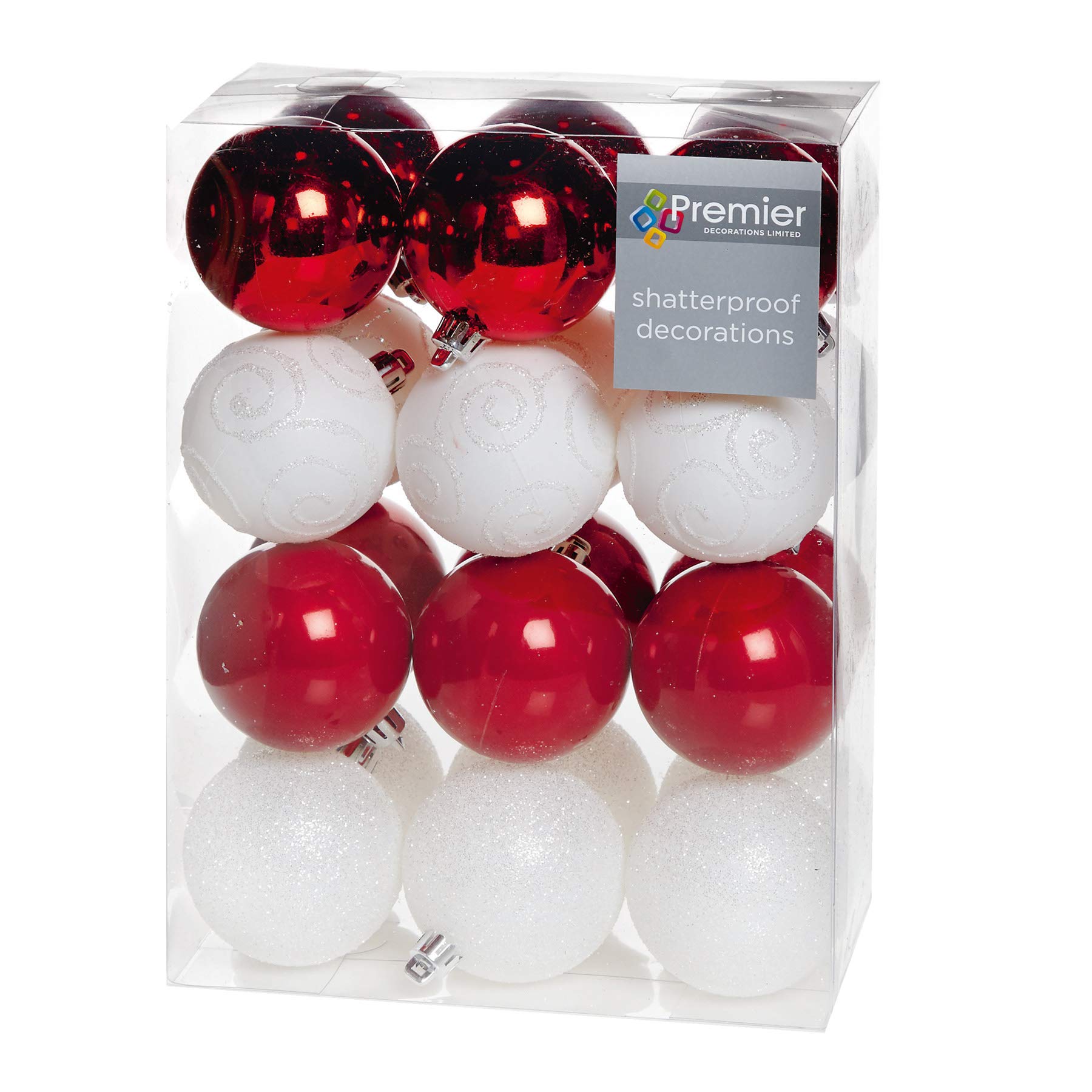 Christmas Tree Decoration 24 Pack 60mm Shatterproof Baubles - Red and White