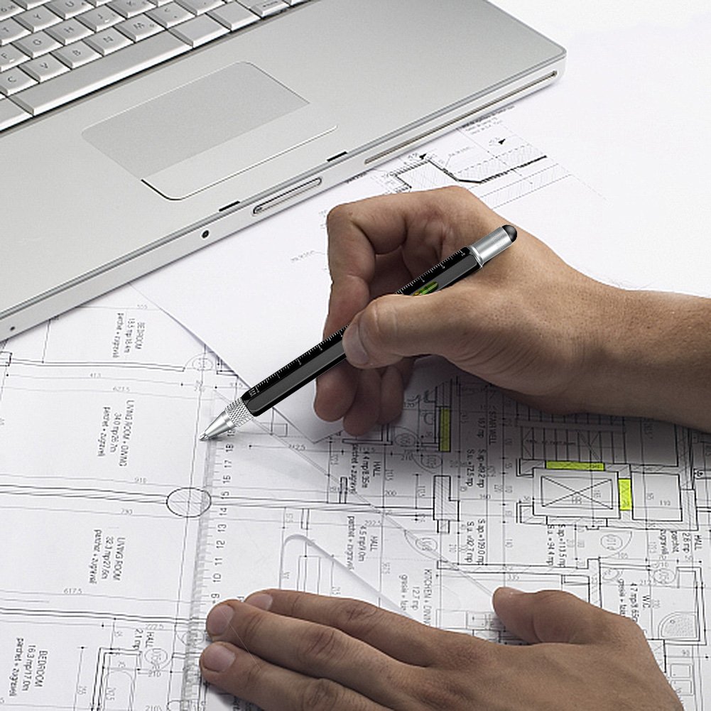 Alintor Multi Pen with Stylus, Multi Functional Pocket Tool, Touch Screen Stylus Pen, Ballpoint Pen with Scale Ruler, Sturdy Aluminum DIY Tool, Gifts for Men (Black)