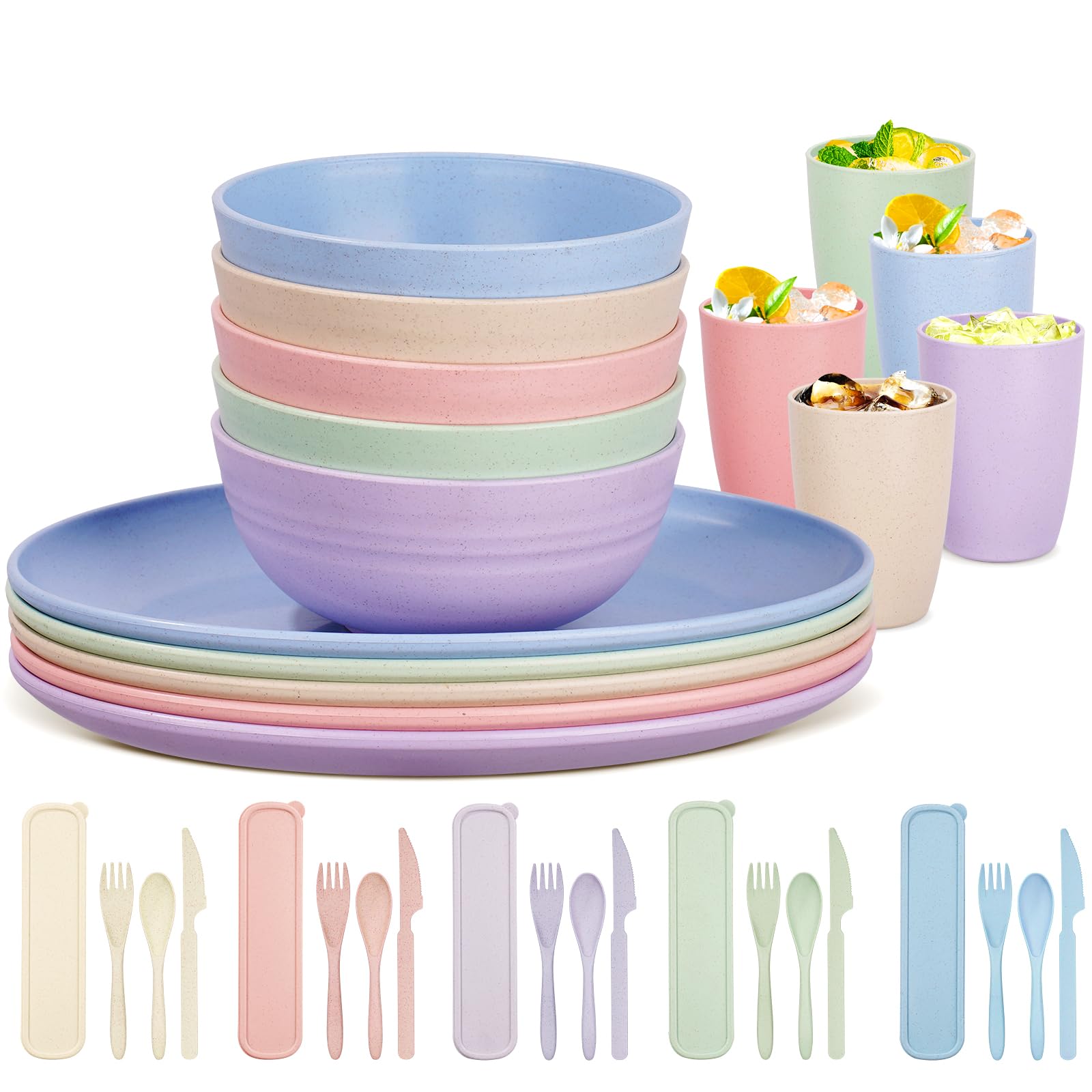 Chuboir 35pcs Dinner Set, Camping Plates and Bowls Set for 5 People, Unbreakable Tableware, Plastic Lightweight Serving Plates, Bowls, Cups, Cutlery Set, Forks for Camping, Picnic, Party, RV, Dorm