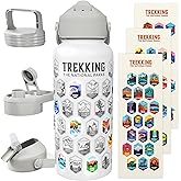 Trekking The National Parks Water Bottle with 63 Waterproof Stickers & 3 Lids (Straw, Spout, & Chug) | 32 Oz Insulated Wide Mouth Stainless Steel Bottle | BPA-Free and Leak-Proof - WHITE