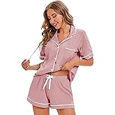 LUBOT 100% Cotton Pajamas for Women 2 Piece PJ Set Button-Down Soft Knit Short Sleeve Summer Sleepwear Loungewear XS-XXL