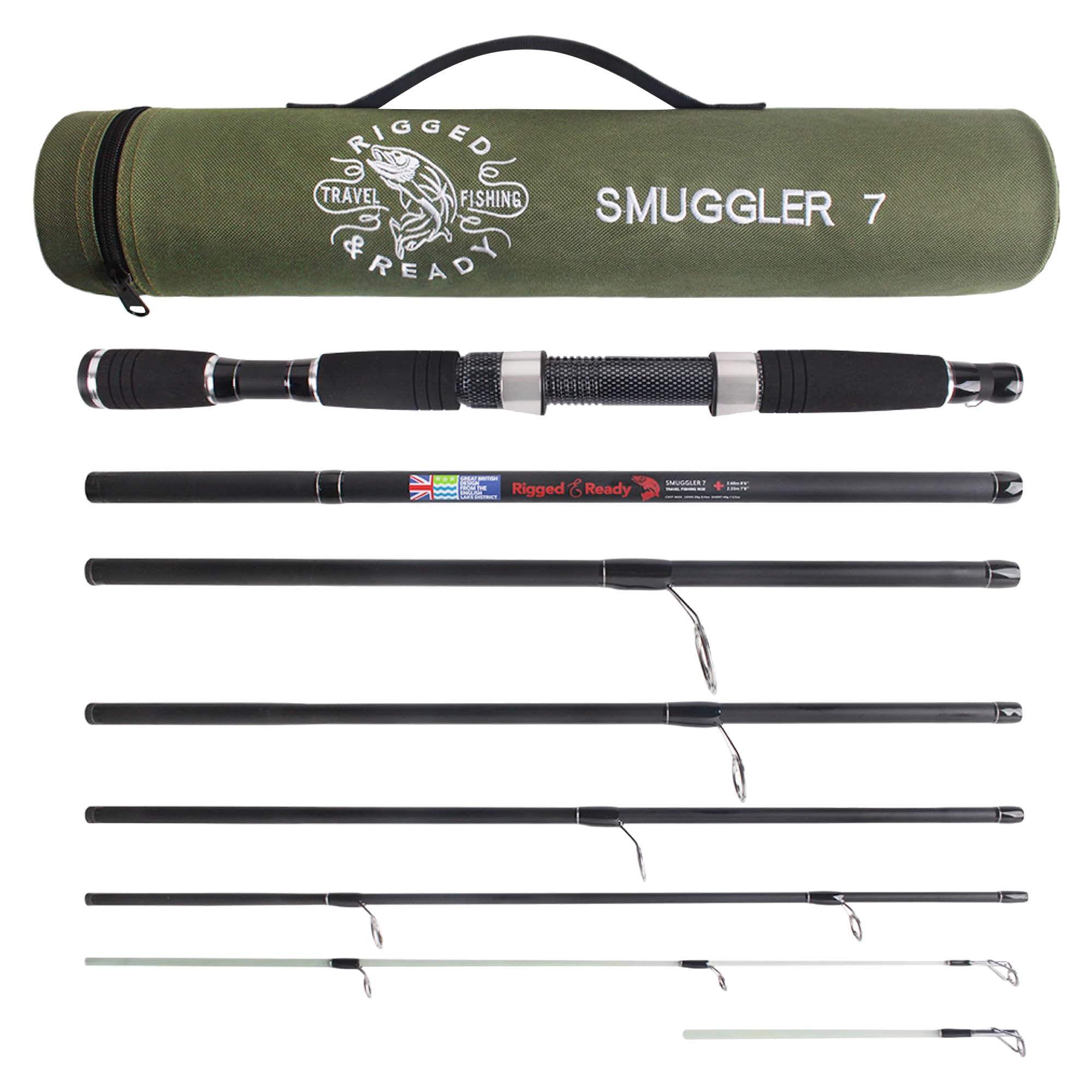 Rigged and Ready Smuggler 7 Travel Fishing Rod & Case. Compact yet powerful 8.5’ (235cm) rod, with 2 tips, for spin and general fishing. The most powerful Smuggler rod for fish up to 20lbs (10kg)