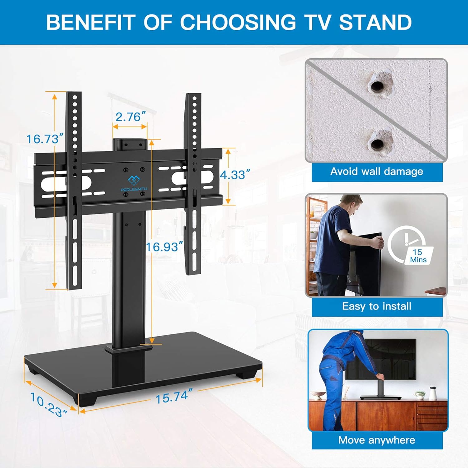 PERLESMITH Universal TV Stand - Table Top TV Stand for 37-55 inch LCD LED TVs - Height Adjustable TV Base Stand with Tempered Glass Base & Wire Management, VESA 400x400mm: Electronics