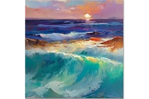 Qinzeart Ocean Wave Surfing Sunset Seascape Painting, Hand-Painted Oil/Acrylic on Linen, Wall Art,Interior Pecorative Paintin