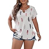 SOLY HUX Plus Size Blouses for Curvy Women Cute Boho Striped Print Shirts V Neck Casual Summer Blouses T-Shirts Tops