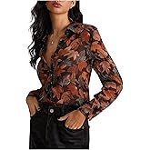 SweatyRocks Women's Floral Print Button Down Blouses Long Sleeve Sheer Mesh Dressy Casual Tops Work Shirts