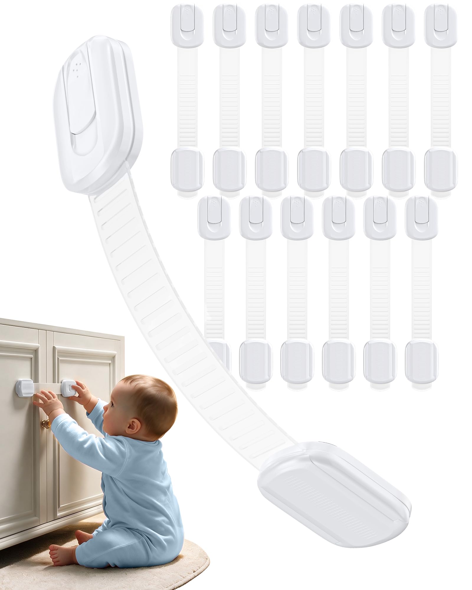 Niunuerga Cabinet Locks Baby Proofing - 14 Pack Child Safety Latches White | No drill 3M adhesive, Easy to install No damage,