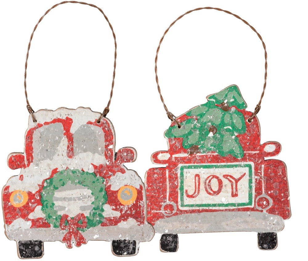 Primitives by Kathy Hand Lettered Trucks Wood Christmas Ornaments (Set of 2)