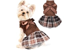 YIKEYO Dog Thanksgiving Dress Clothes Christmas Dresses for Small Dogs Girl Winter Fall Flannel Warm Pet Puppy Cat Tutu Princess Plaid Female Sweater (Medium, Brown)
