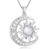 MILKYX Celtic Knot Crescent Moon and Sun Necklace, 925 Sterling Silver Natural Moonstone Pendant, Mystical Celestial Jewelry Gift for Women