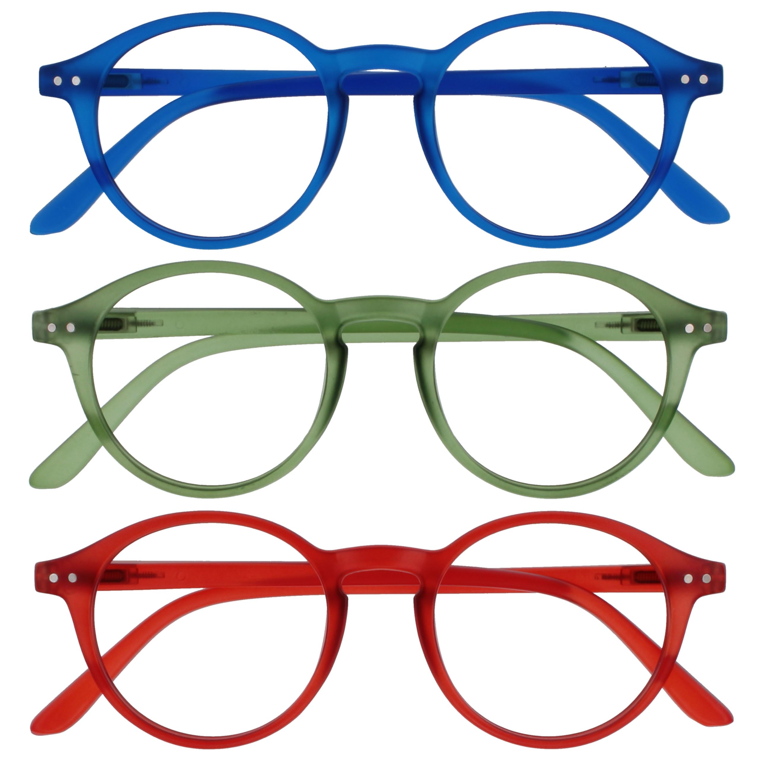 OPULIZE REY Reading Glasses - 3-Pack - Retro Round Frame - Matt Blue, Green, Red - Mens Womens - Spring Hinges - RRR56-36Z - +2.00