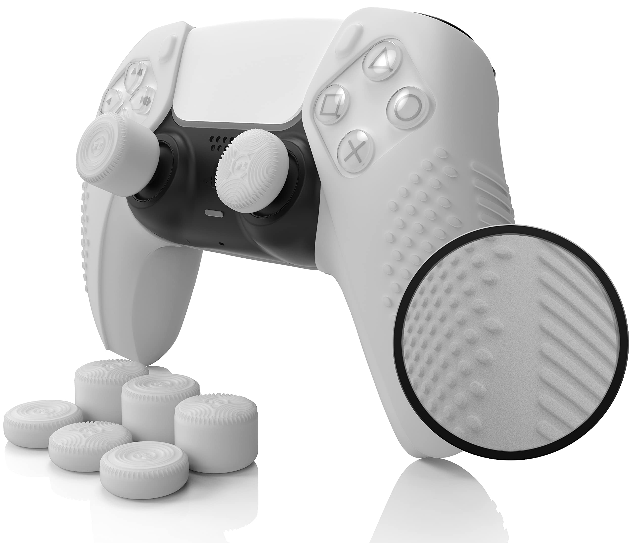 Foamy Lizard SensePro PS5 Controller Skin | Dock Compatible, Soft Flat Anti-Slip Studded Silicone Gel Grip Cover for Playstation 5 Dualsense, Rubber Protector Plus 8 Raised Thumb Grip Caps (PS5 White)