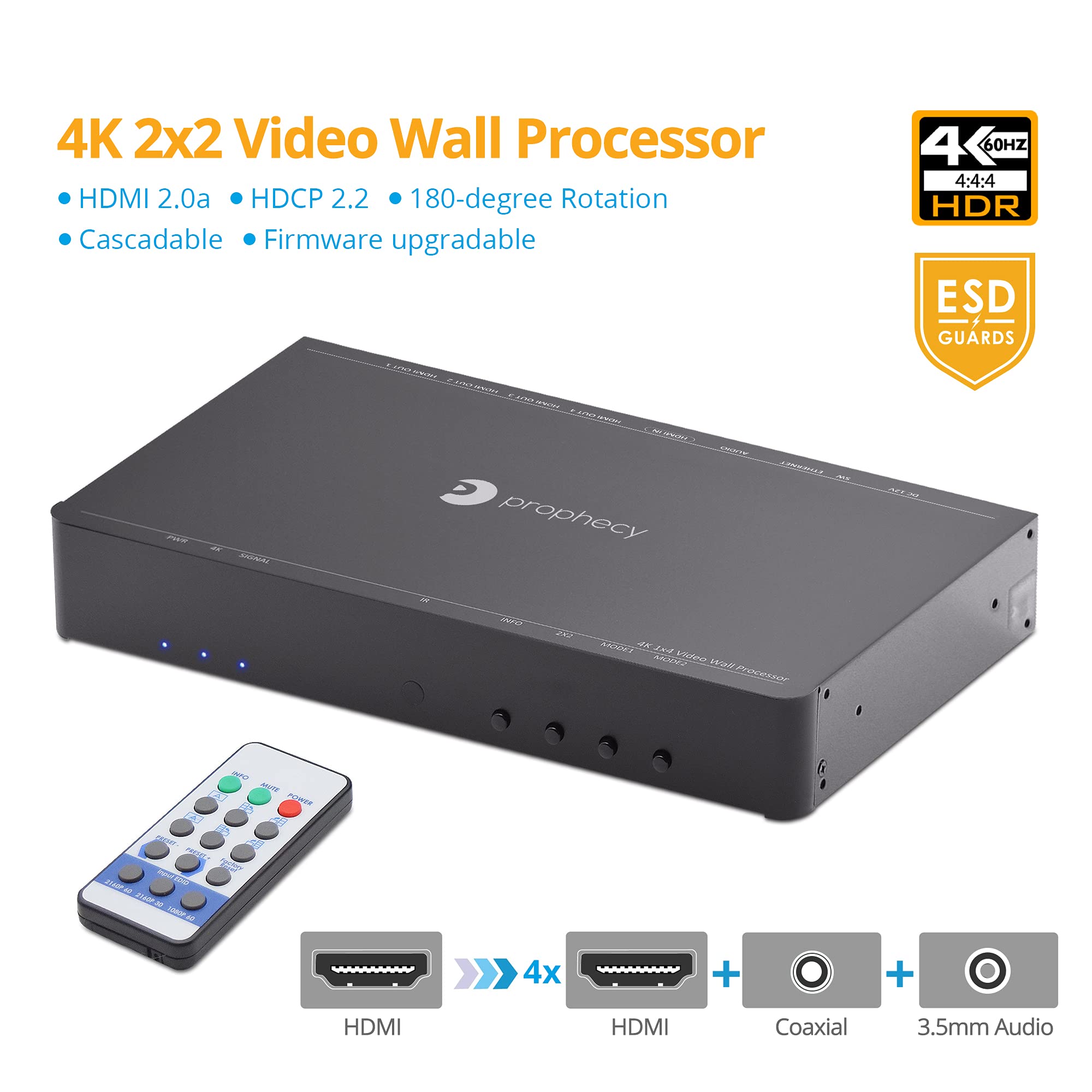 gofanco Prophecy 2x2 Video Wall Processor - 180º Rotation, Tear-free, Bezel Adjustment, Cascading, Supports 1x1, 2x2, 1x2, 2x1, 1x3, 3x1, 1x4, 4x1, FW Upgradable, TAA Compliant (PRO-VideoWallv2)
