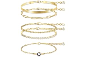 Gold Ankle Bracelets for Women, 14K Gold Cuban Link Evil Eye Anklets Set for Teen Girls Adjustable Layered Waterproof Summer Beach Anklets Foot Jewelry for Gift