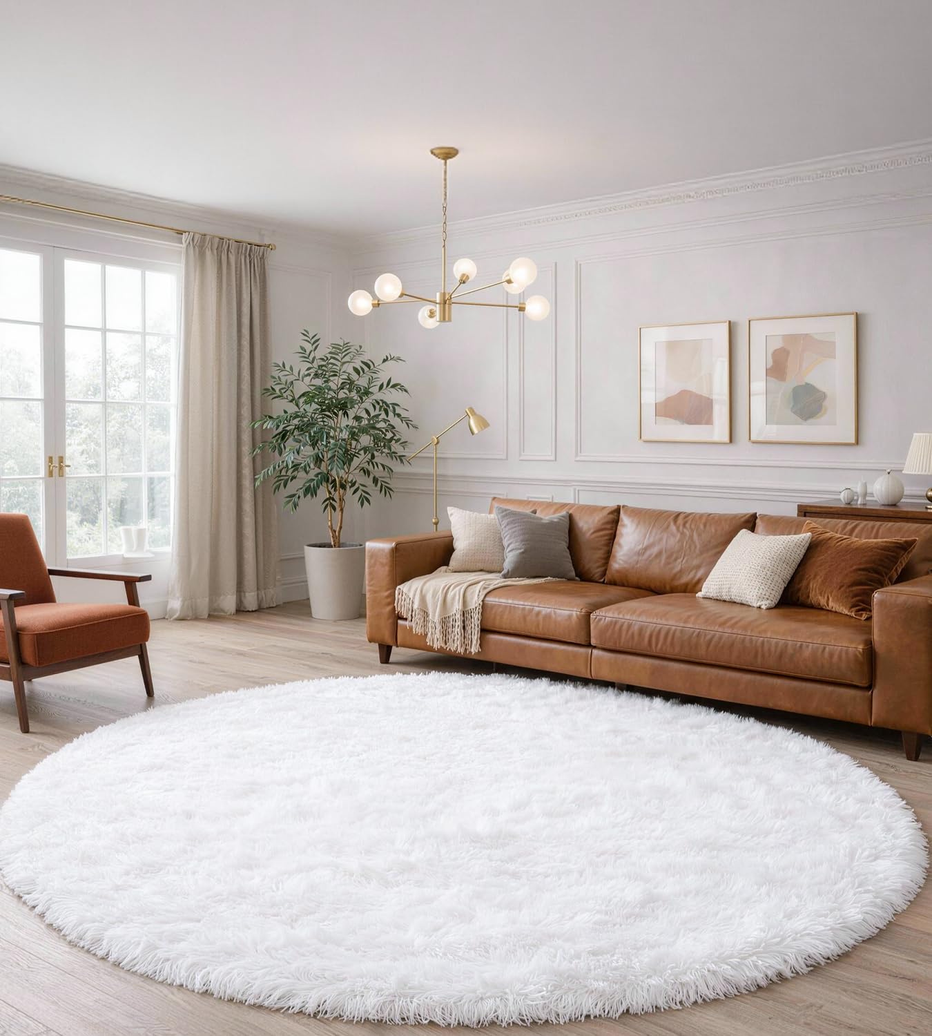 MARATIP Bedroom Plush Rug, Round, Fluffy Rug for Living Room, Large Size, Modern Living Room, Girls, Soft and Fluffy Rug for Bedroom (White, Diameter 100 cm, Round)