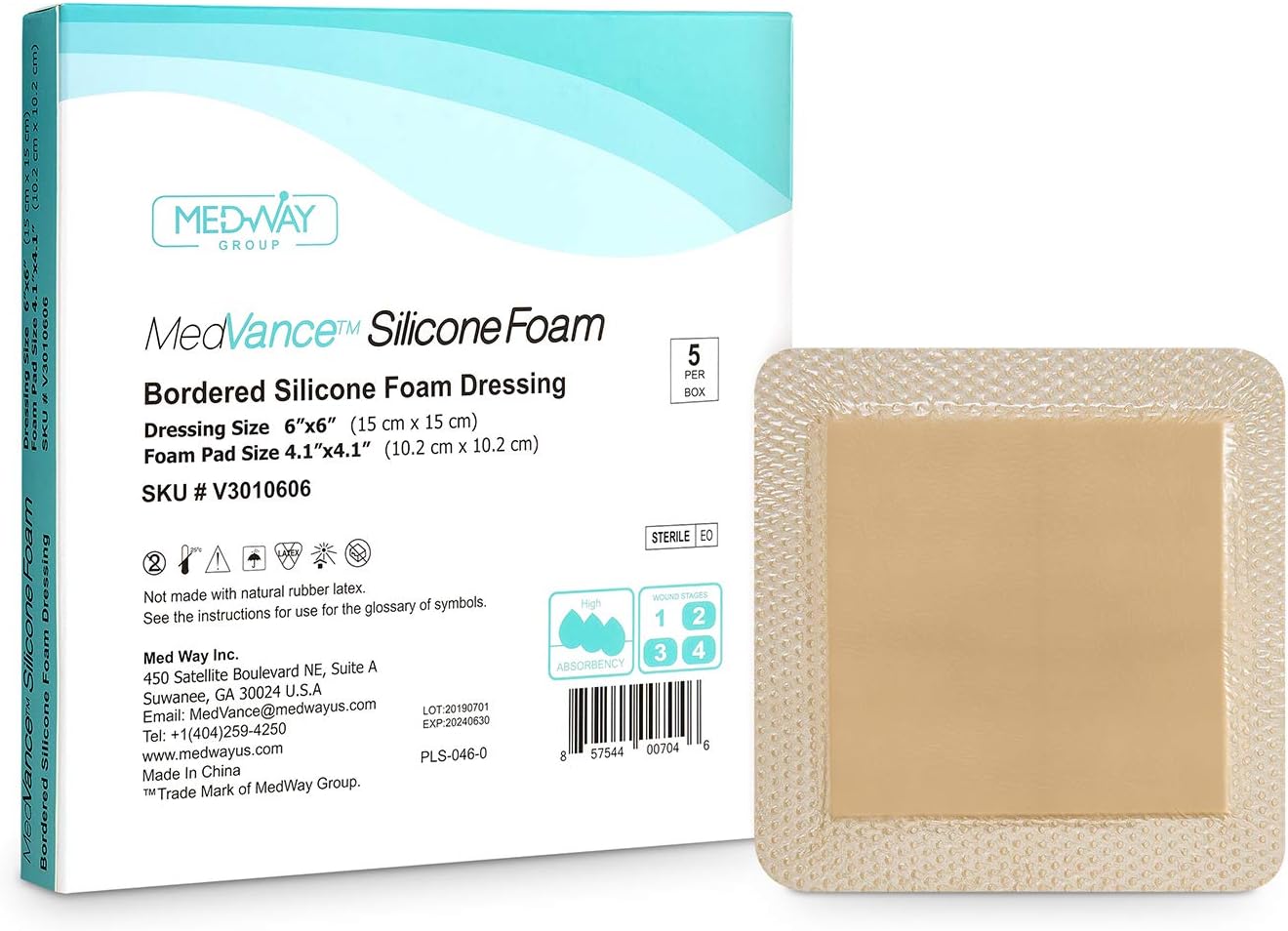 MedVanceTM Silicone - Bordered Silicone Adhesive Foam Dressing Size 6"x6" (4.1"x4.1" pad), Box of 5 dressings