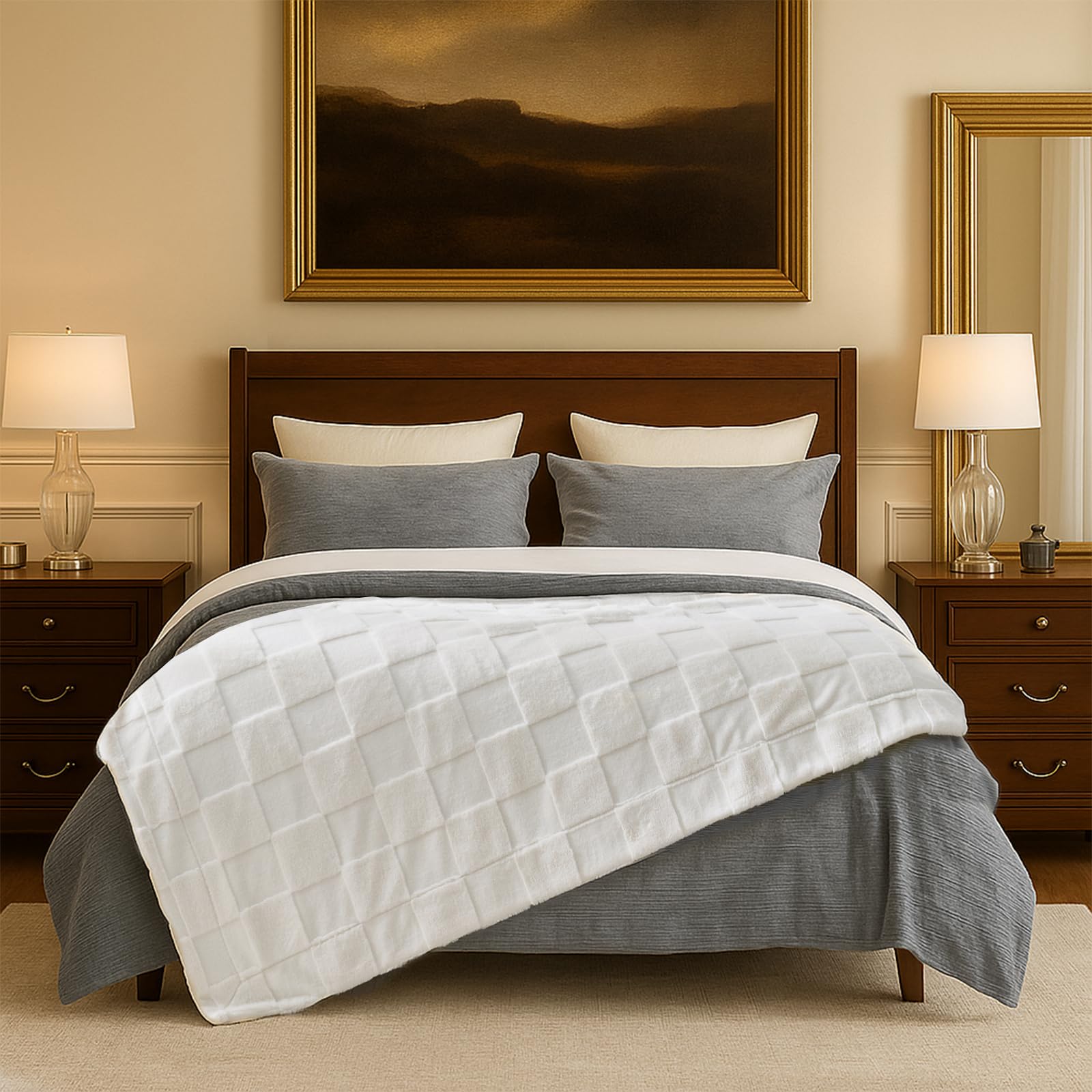 Photo 1 of Cozy Bliss Checkered Faux Rabbit Fur Blanket Queen Size for Bed, Soft Fuzzy Blankets for Women Men, Large Furry Fleece Throw for Bedroom Decor (Ivory, 90'' x 90'')