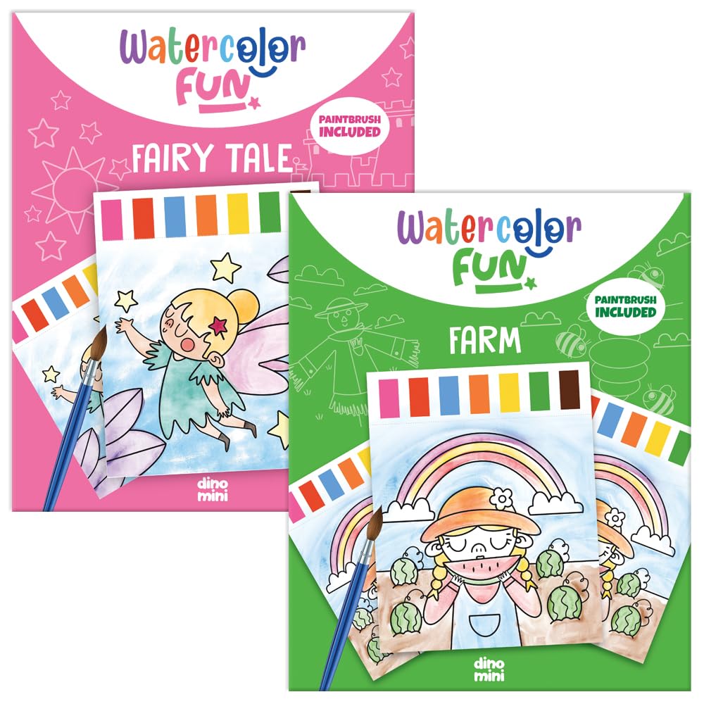 DINO MINI Watercolor Fun Value Pack - 2 Paint with Water Kits for Toddlers - Water Painting for Toddlers - Travel Activities for Kids Ages 4-8 - Screen Free Birthday Gifts (Farm - Fairy Tale)