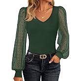 ZESICA Women's Mesh Puff Long Sleeve Shirts 2026 Spring Fall V Neck Ribbed Knit Sexy Going Out Tops Casual Work Blouse